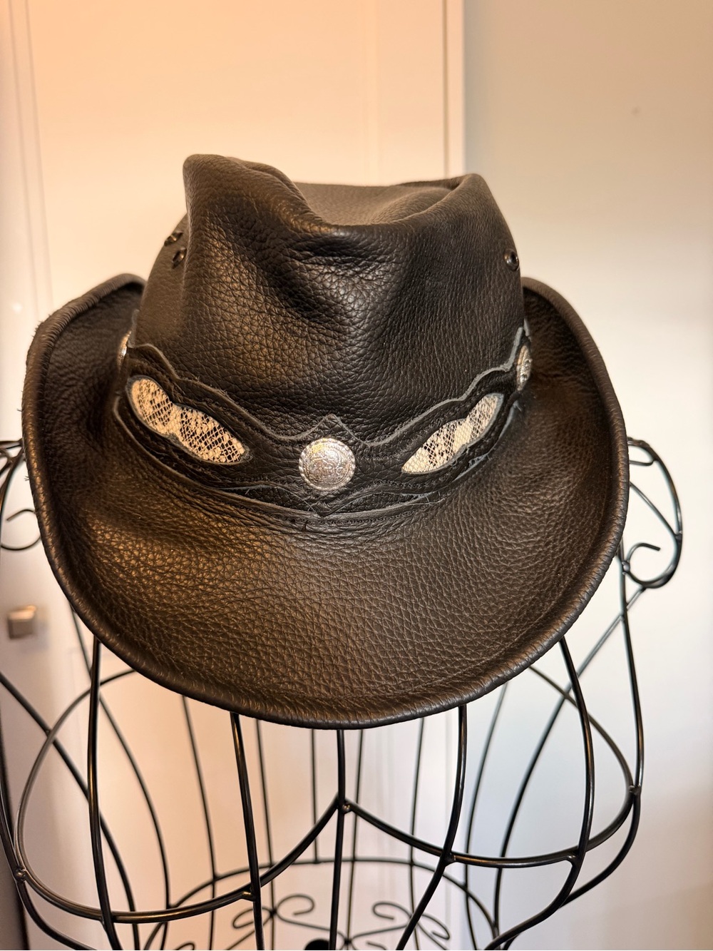 Premium Black Leather Western Cowboy Hat | Snakeskin Band & Silver Conchos